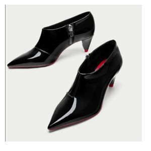 ZARA Black Patent Low Cone Heel Pointed Toe Ankle Booties – EU Size 36